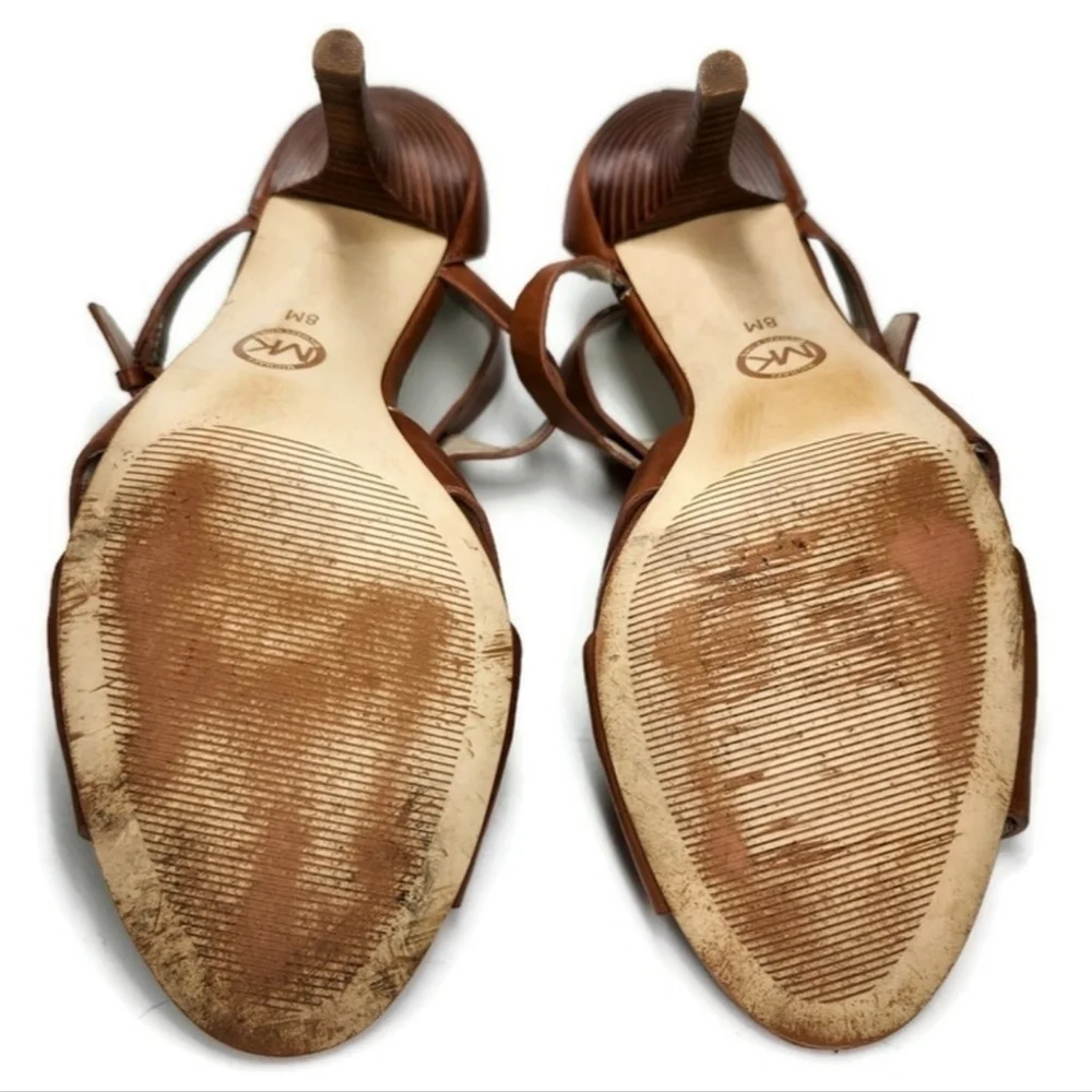 Michael Kors Brown Leather T-Strap Open-Toe Back Zip Gold Logo High Heel Sandals